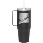 Laser etched black 40 oz vacuum insulated tumbler mug with 'New Mexico home' design