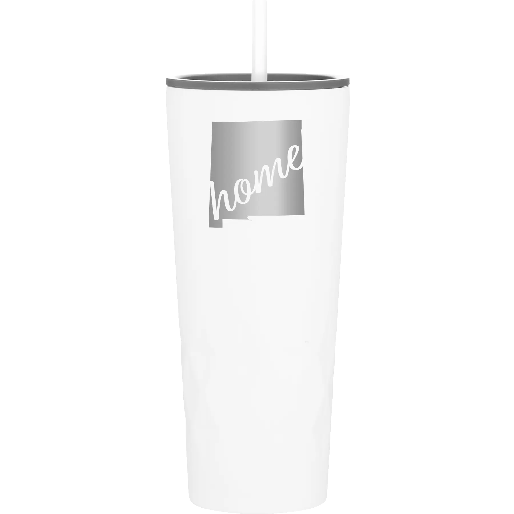 Laser etched white 20 oz vacuum insulated tumbler with 'New Mexico home' design