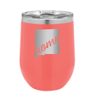 Laser etched coral 12 oz vacuum insulated wine cup with 'New Mexico home' design