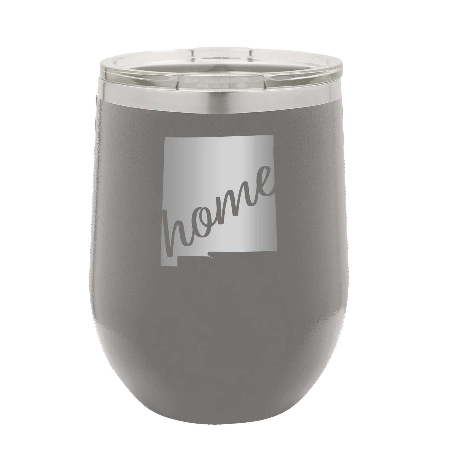 Laser etched dark gray 12 oz vacuum insulated wine cup with 'New Mexico home' design