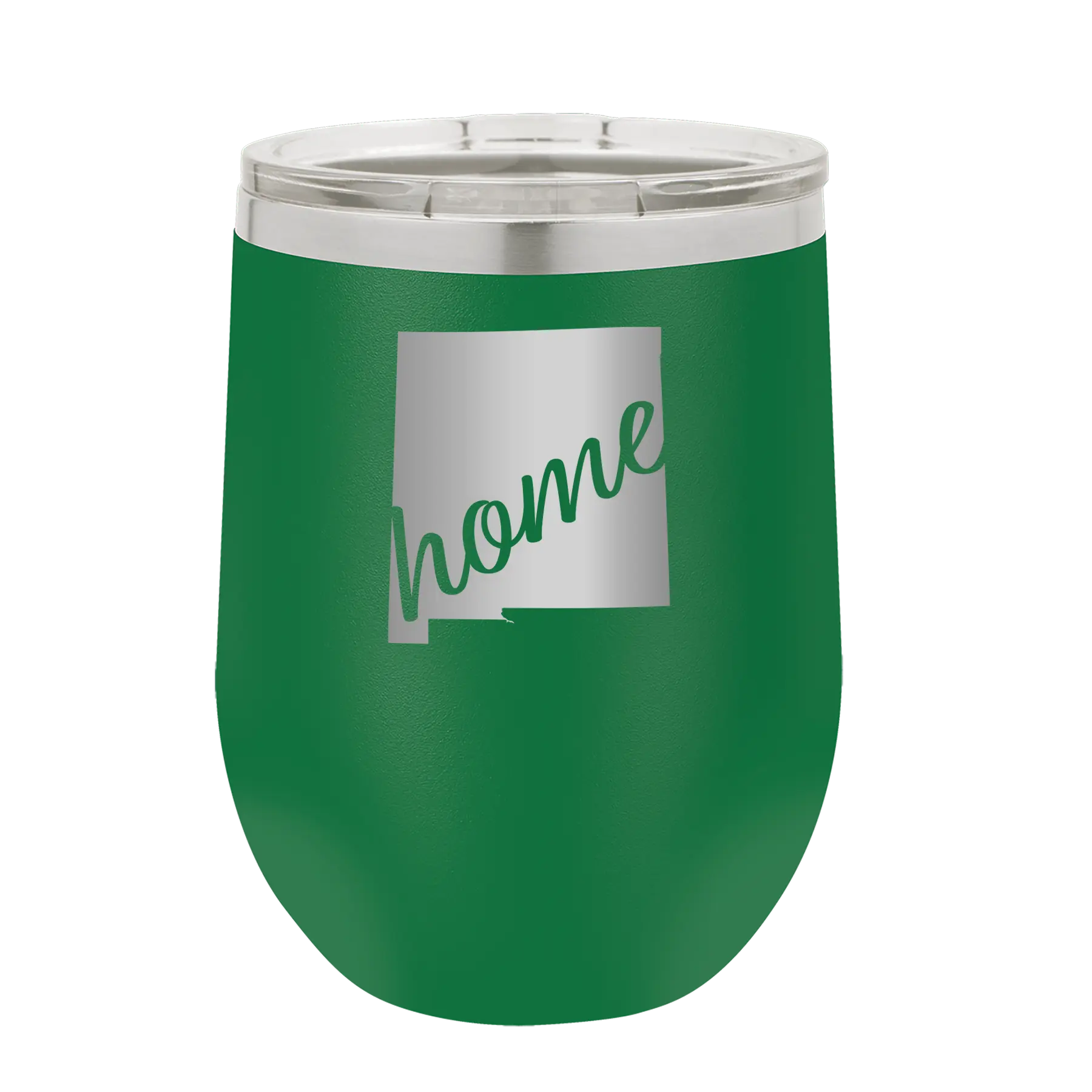 Laser etched green 12 oz vacuum insulated wine cup with 'New Mexico home' design