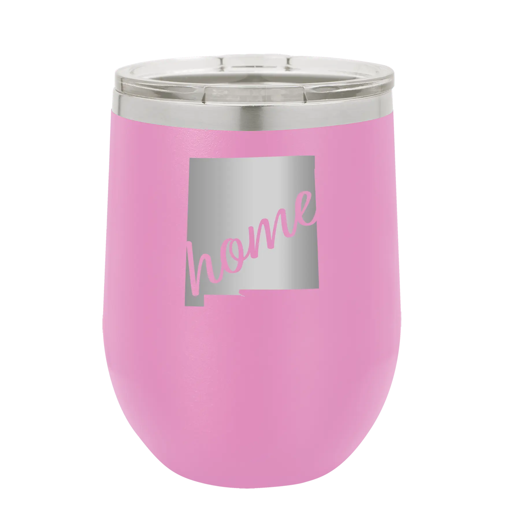 Laser etched light purple 12 oz vacuum insulated wine cup with 'New Mexico home' design