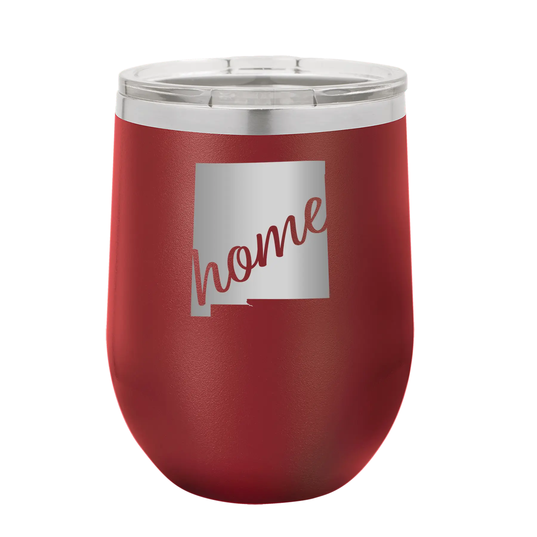 Laser etched maroon 12 oz vacuum insulated wine cup with 'New Mexico home' design