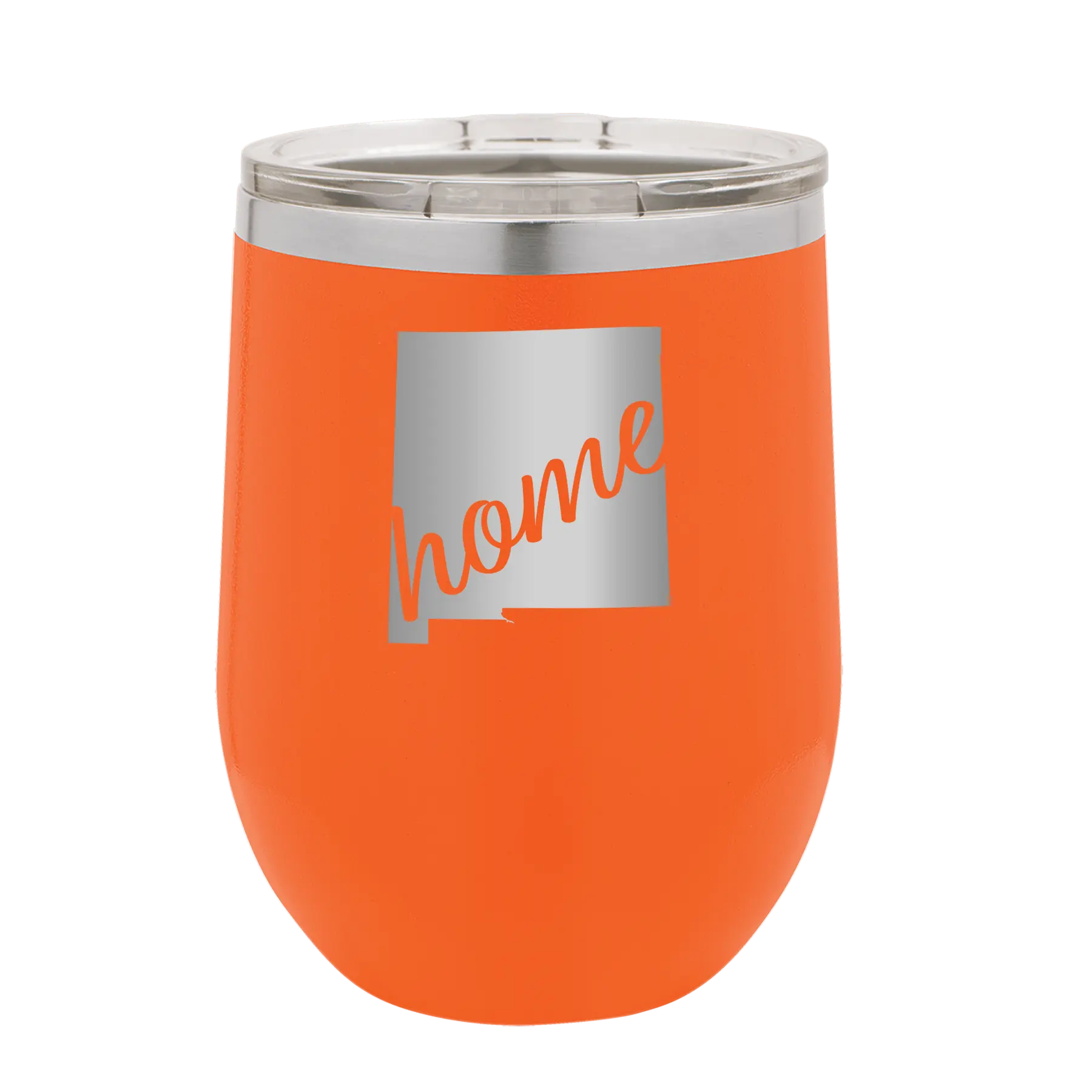 Laser etched orange 12 oz vacuum insulated wine cup with 'New Mexico home' design