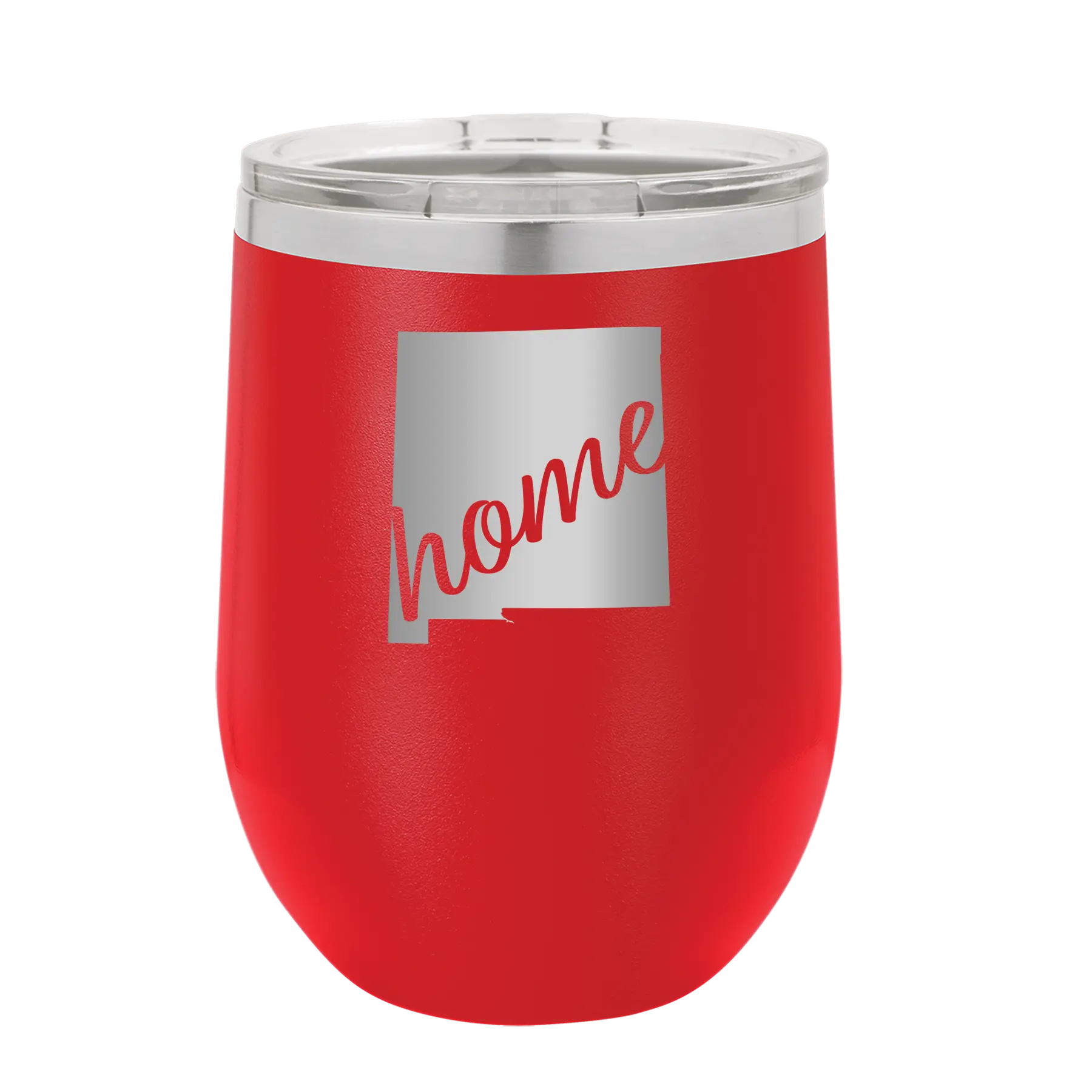 Laser etched red 12 oz vacuum insulated wine cup with 'New Mexico home' design