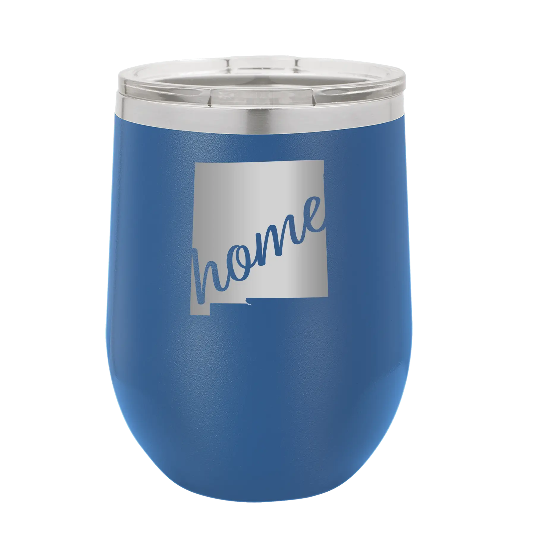 Laser etched royal blue 12 oz vacuum insulated wine cup with 'New Mexico home' design