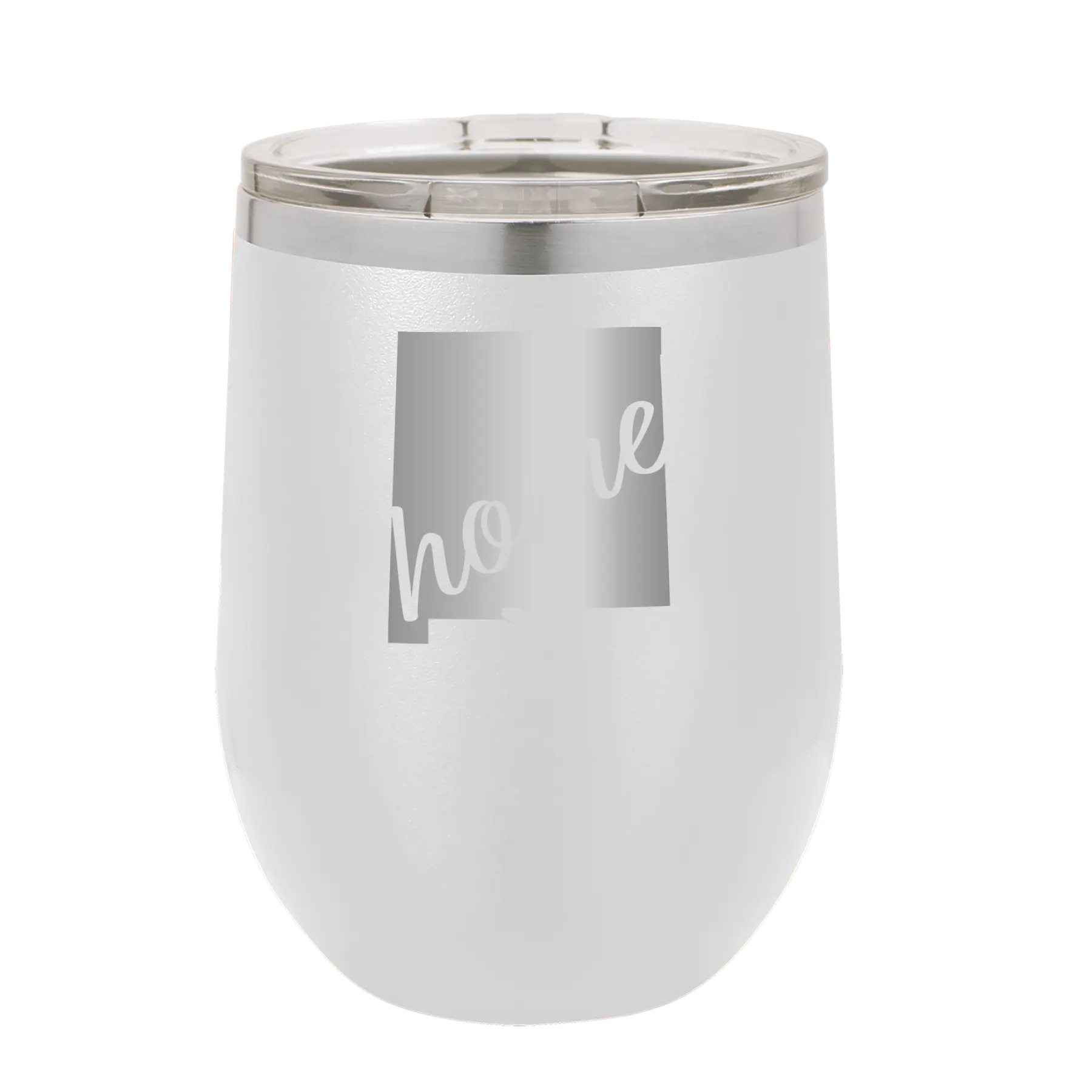 Laser etched white 12 oz vacuum insulated wine cup with 'New Mexico home' design