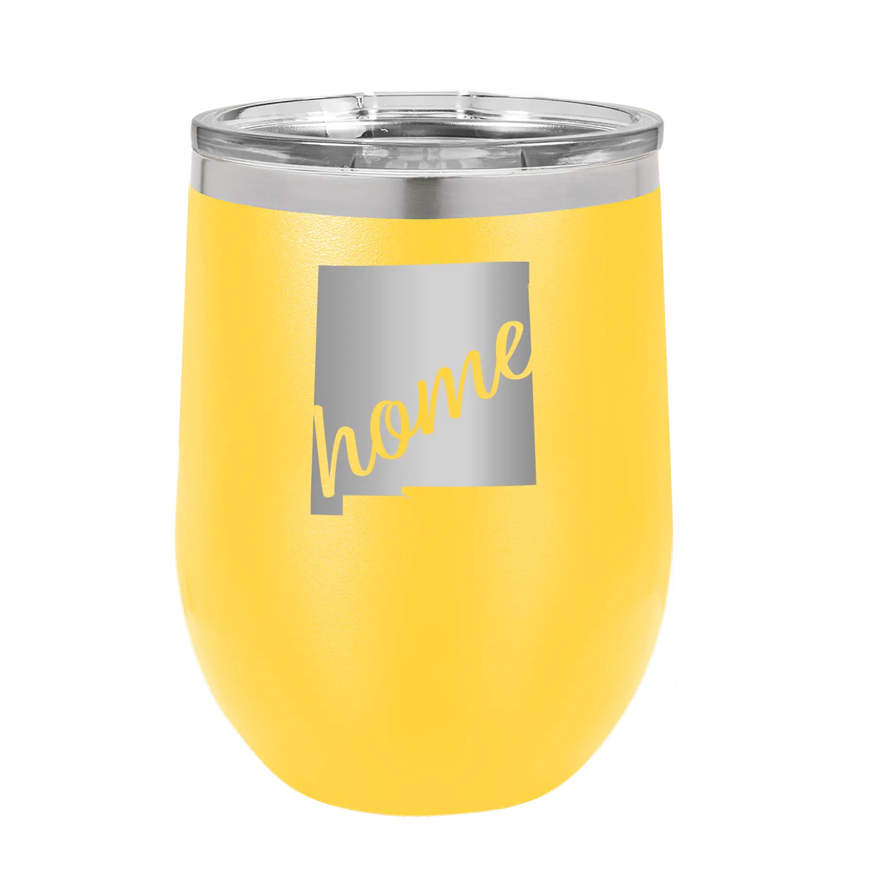 Laser etched yellow 12 oz vacuum insulated wine cup with 'New Mexico home' design