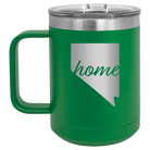 Laser etched green 15 oz vacuum insulated coffee mug with 'Nevada Home' design
