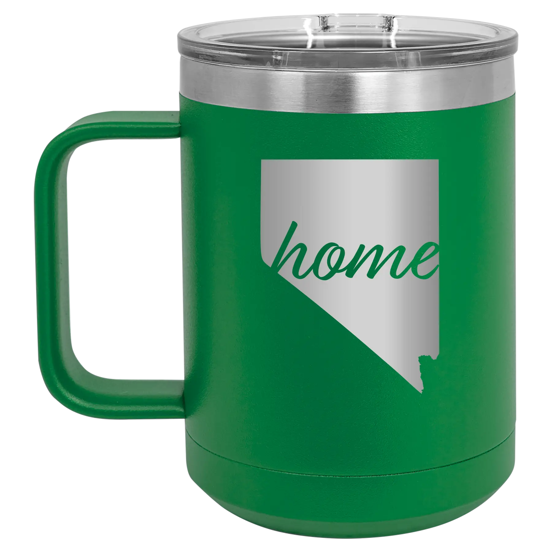 Laser etched green 15 oz vacuum insulated coffee mug with 'Nevada Home' design