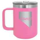 Laser etched pink 15 oz vacuum insulated coffee mug with 'Nevada Home' design