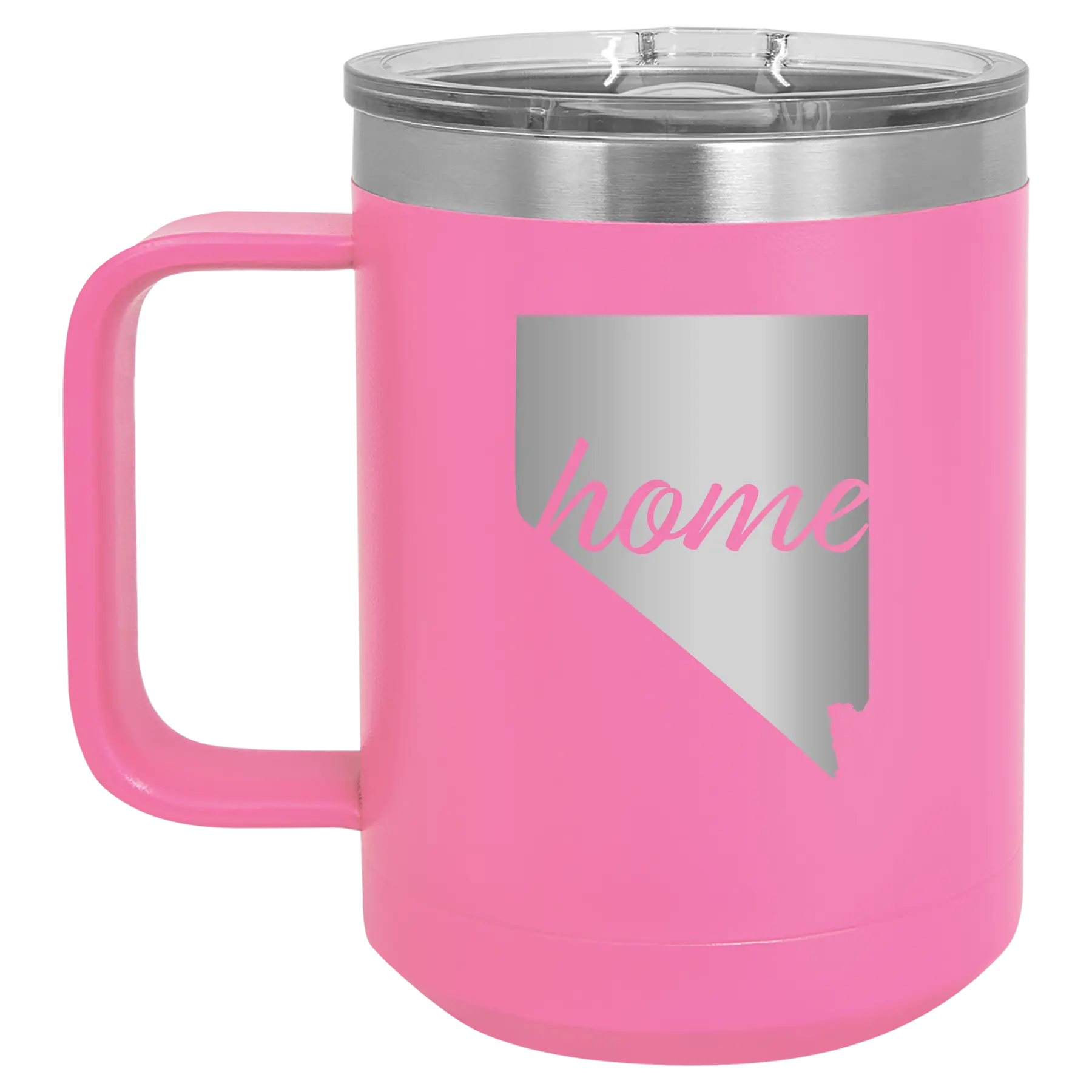 Laser etched pink 15 oz vacuum insulated coffee mug with 'Nevada Home' design