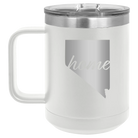 Laser etched white 15 oz vacuum insulated coffee mug with 'Nevada Home' design