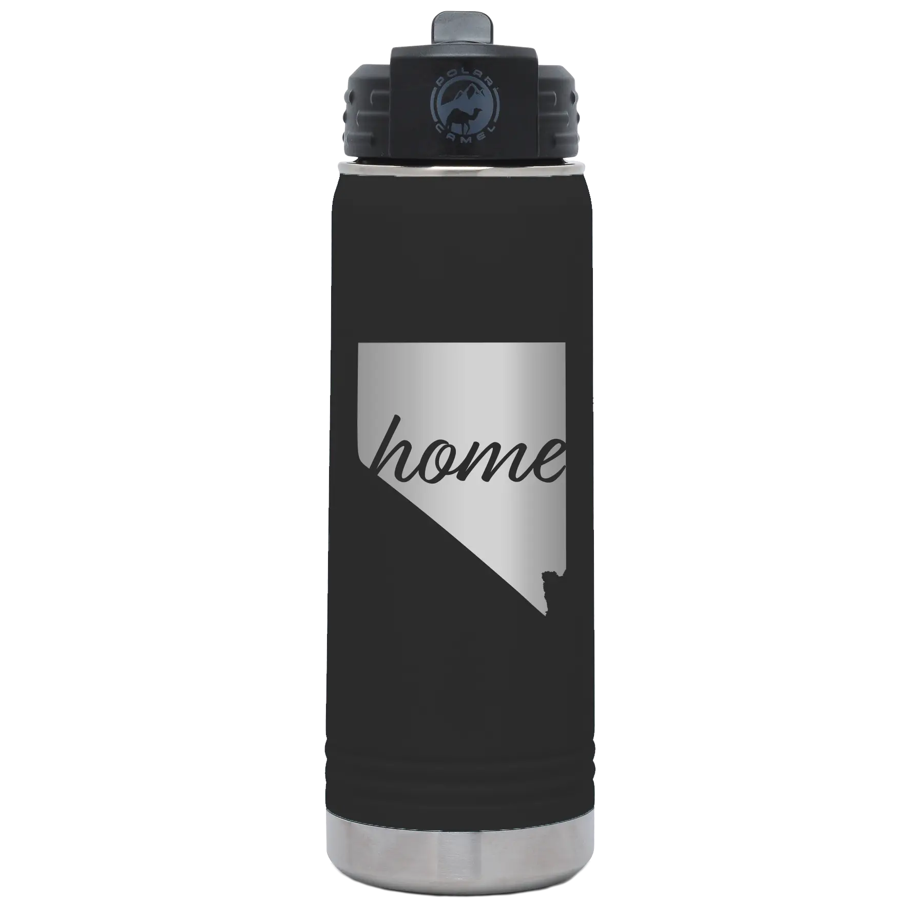 Laser etched black 20 oz vacuum insulated water bottle with 'Nevada Home' design