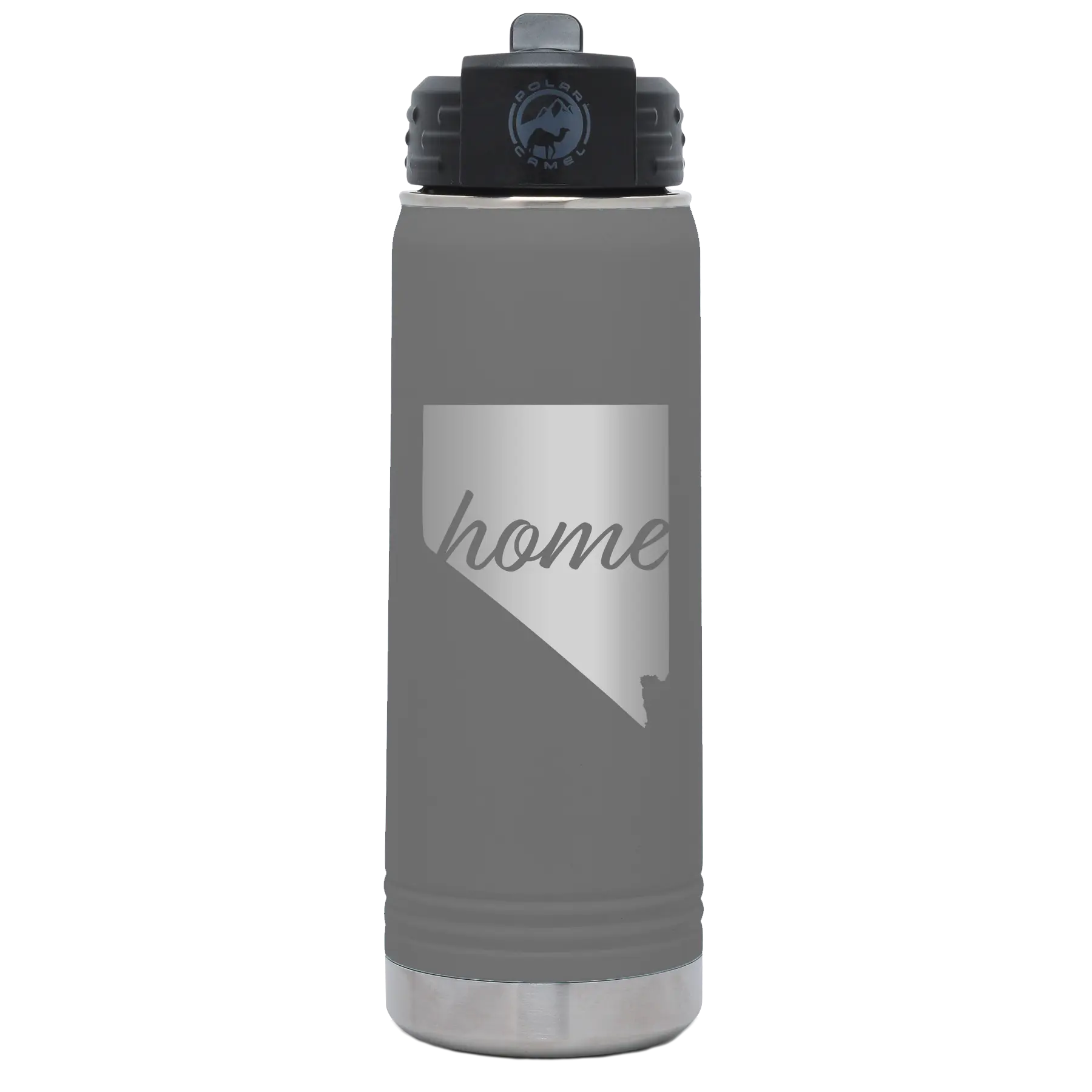 Laser etched dark gray 20 oz vacuum insulated water bottle with 'Nevada Home' design