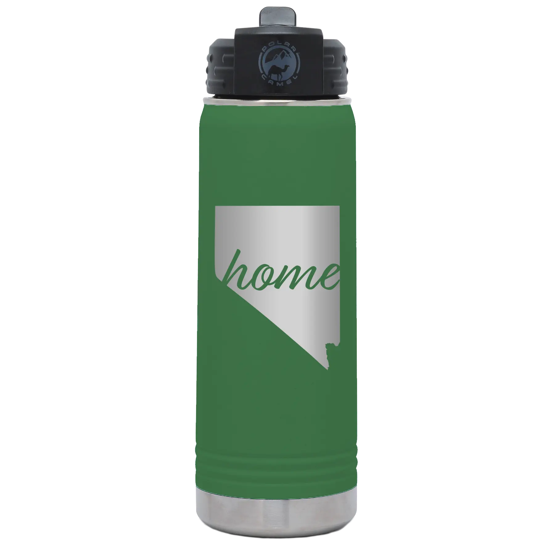 Laser etched green 20 oz vacuum insulated water bottle with 'Nevada Home' design