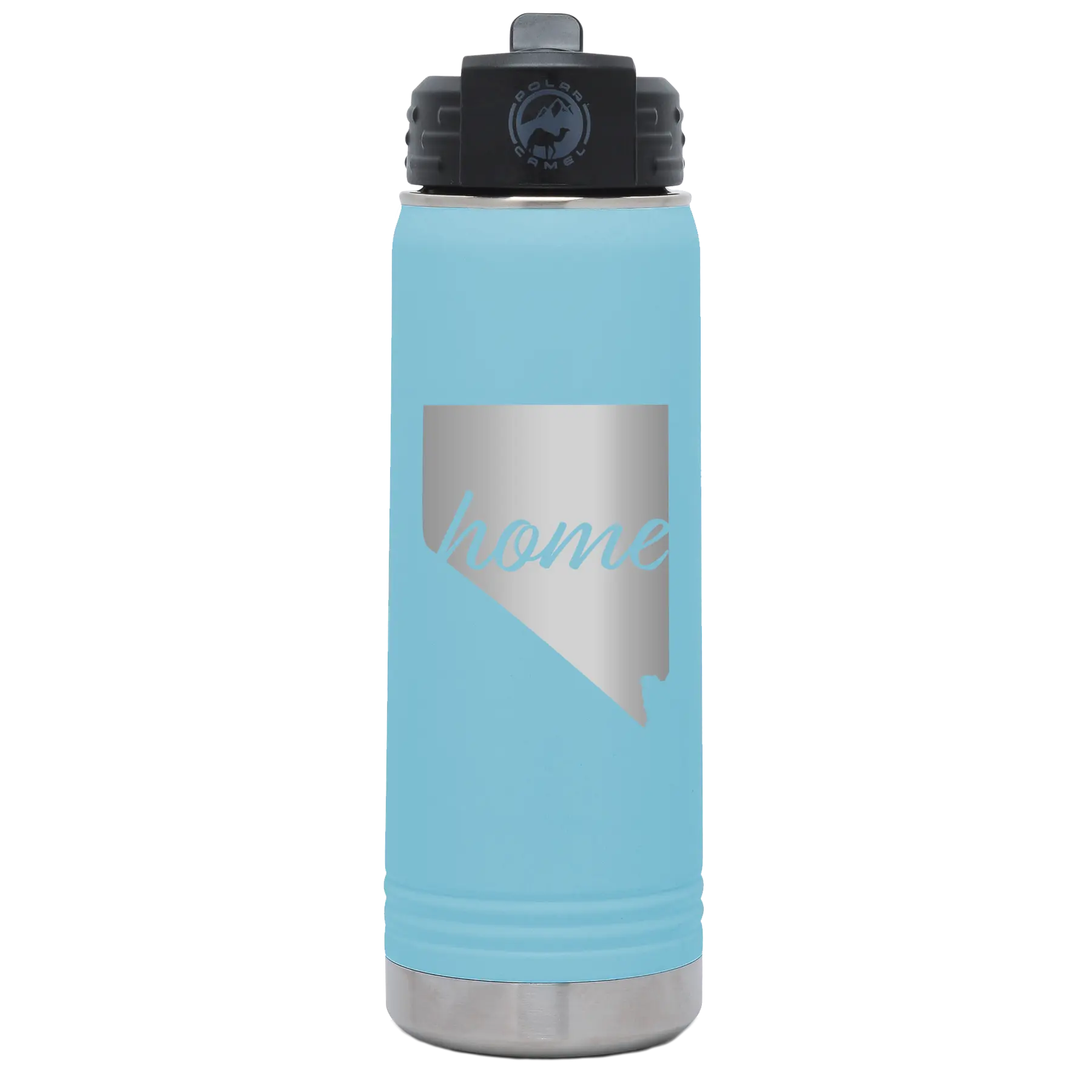 Laser etched light blue 20 oz vacuum insulated water bottle with 'Nevada Home' design