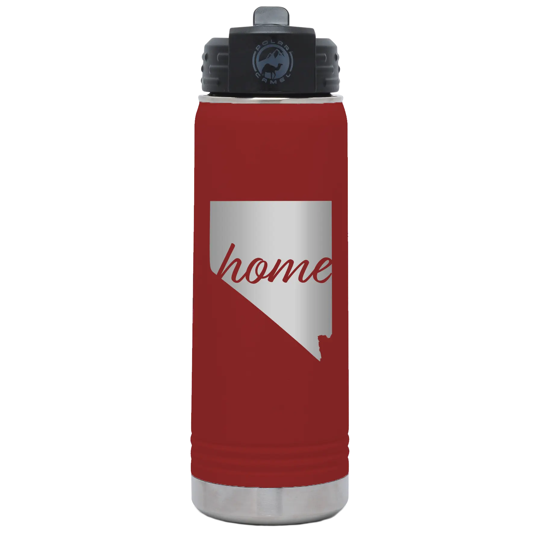 Laser etched maroon 20 oz vacuum insulated water bottle with 'Nevada Home' design