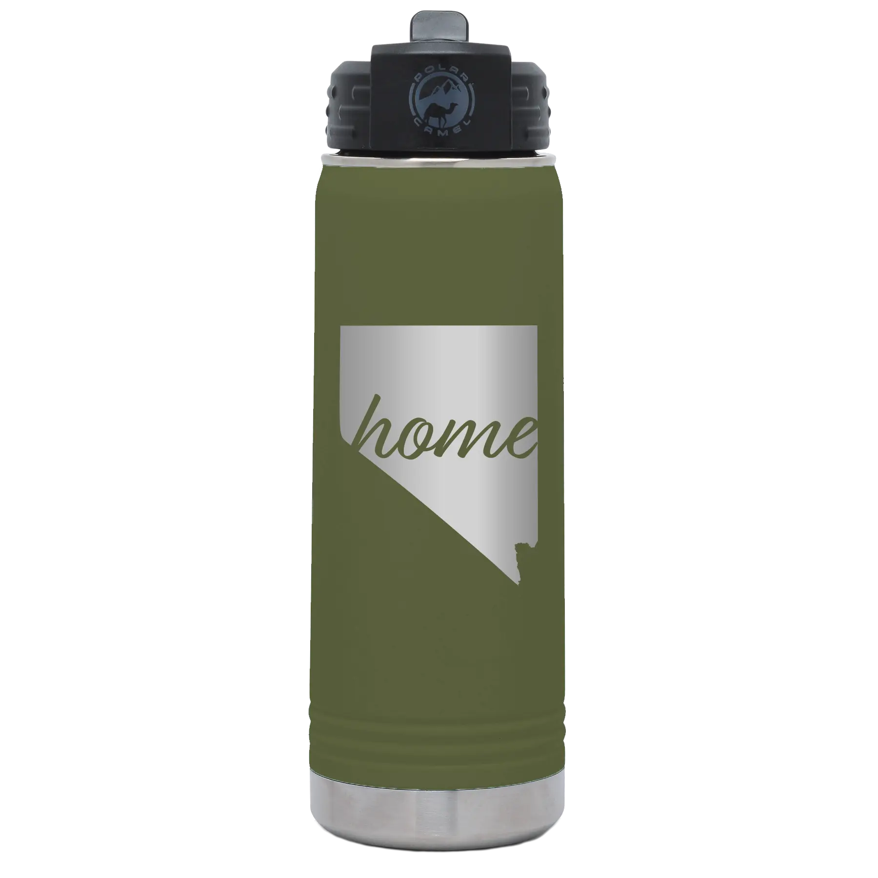 Laser etched olive green 20 oz vacuum insulated water bottle with 'Nevada Home' design