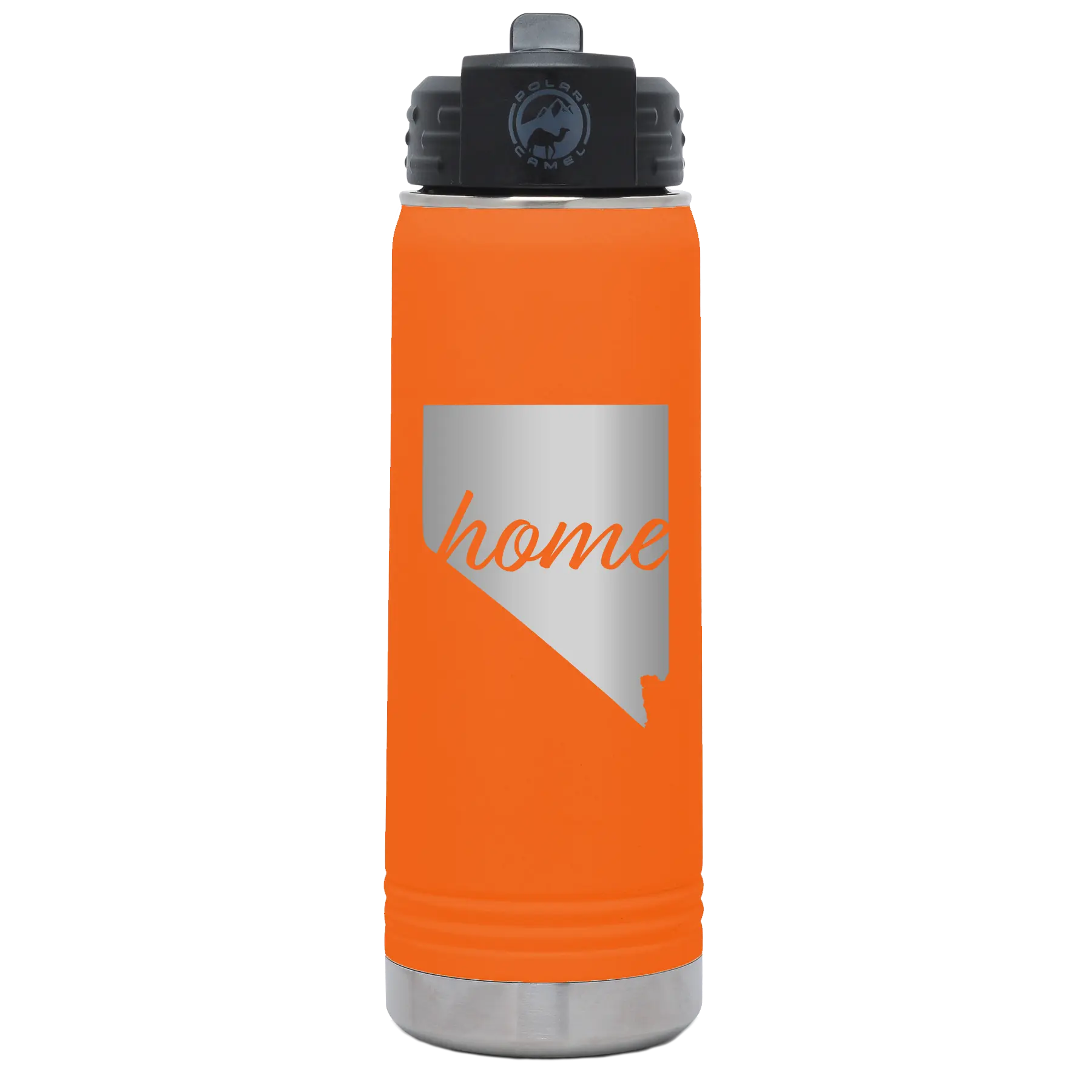 Laser etched orange 20 oz vacuum insulated water bottle with 'Nevada Home' design