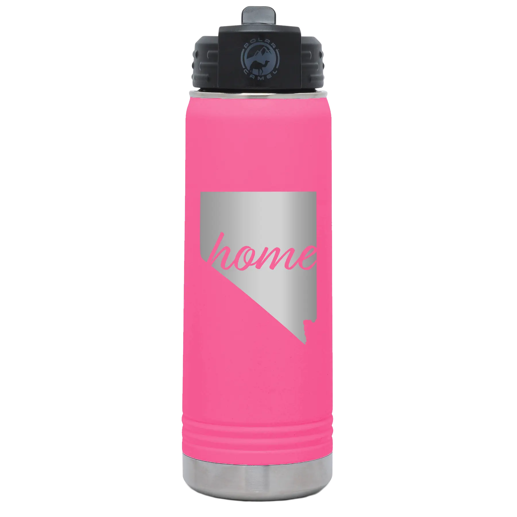 Laser etched pink 20 oz vacuum insulated water bottle with 'Nevada Home' design
