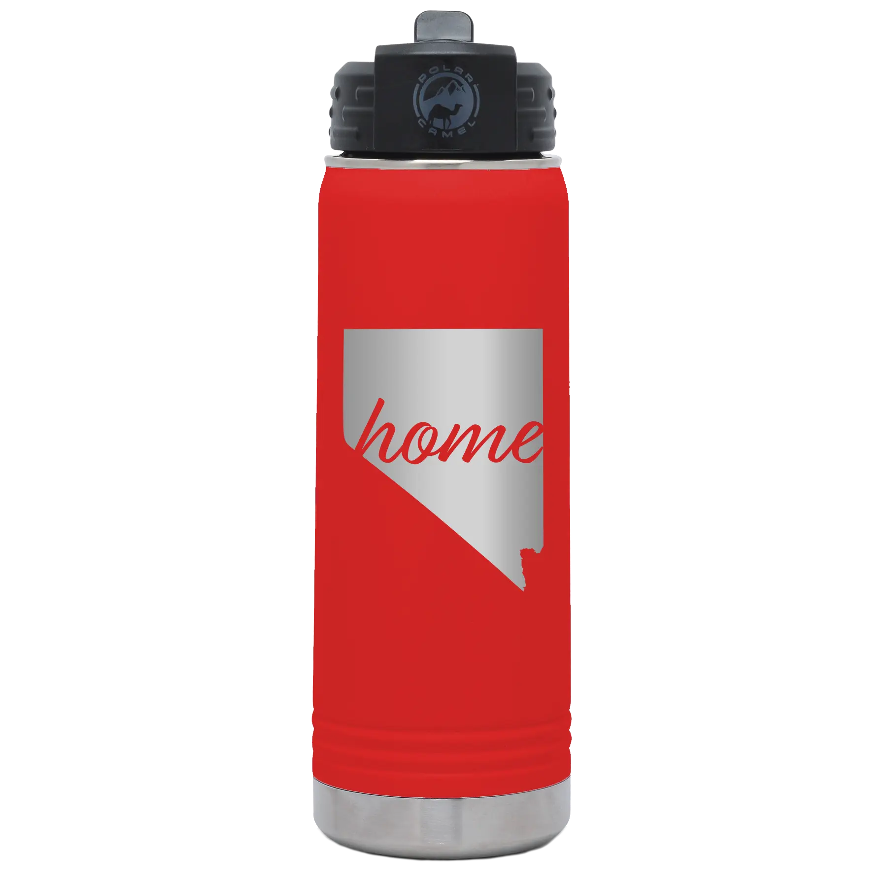 Laser etched red 20 oz vacuum insulated water bottle with 'Nevada Home' design