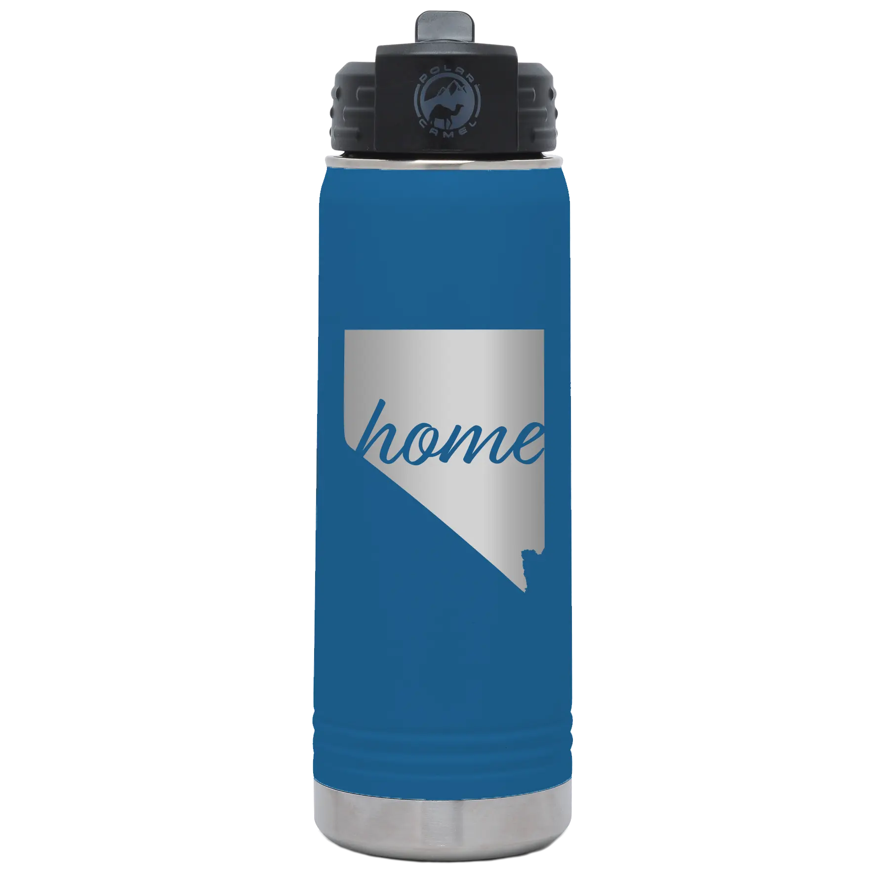 Laser etched royal blue 20 oz vacuum insulated water bottle with 'Nevada Home' design