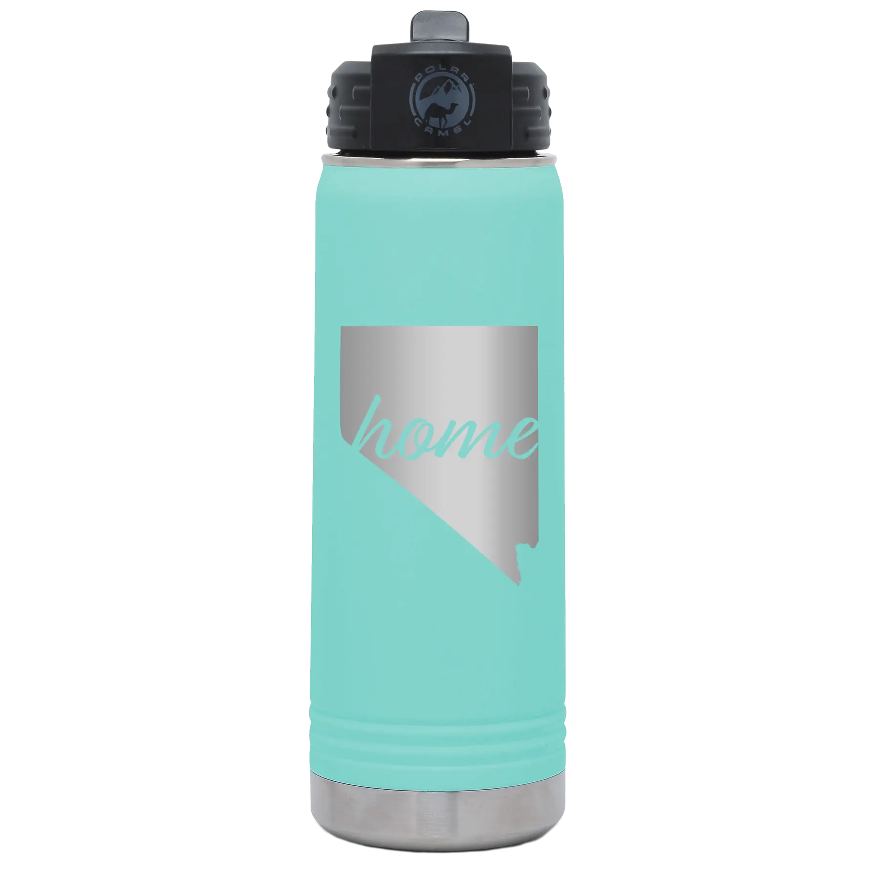 Laser etched teal 20 oz vacuum insulated water bottle with 'Nevada Home' design