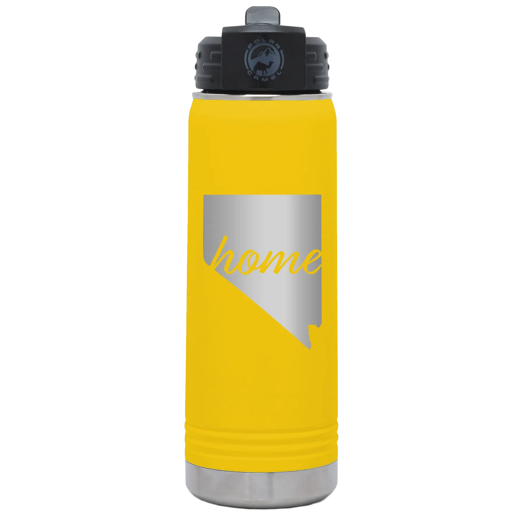 Laser etched yellow 20 oz vacuum insulated water bottle with 'Nevada Home' design