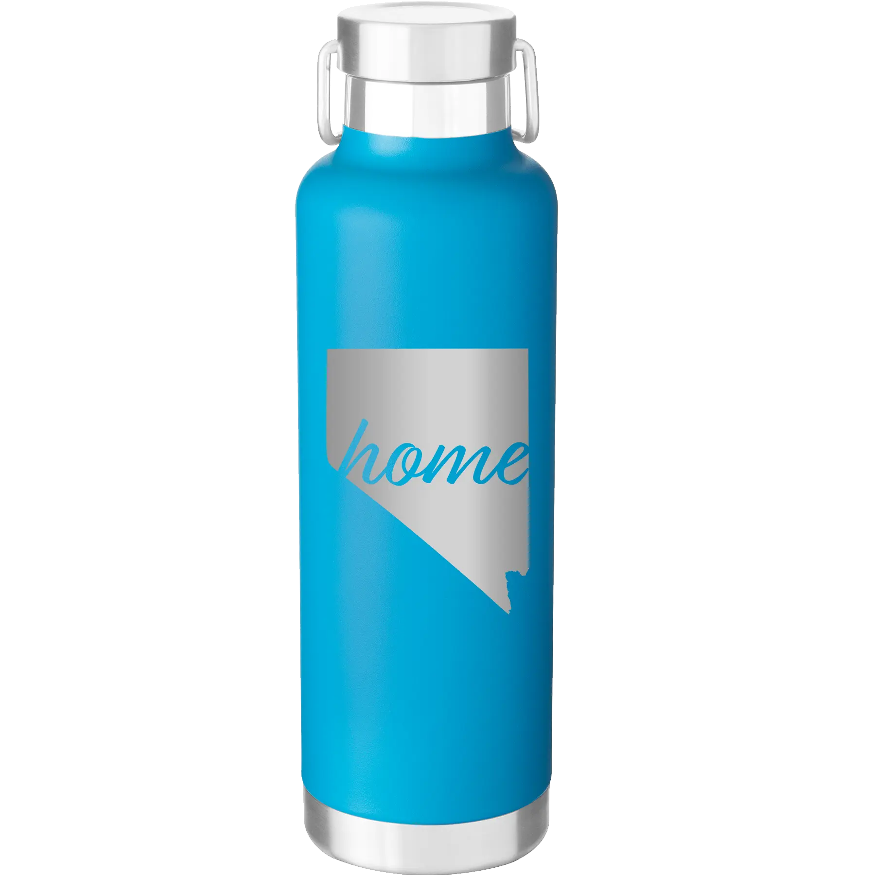 Laser etched aqua 24 oz vacuum insulated water bottle with 'Nevada Home' design