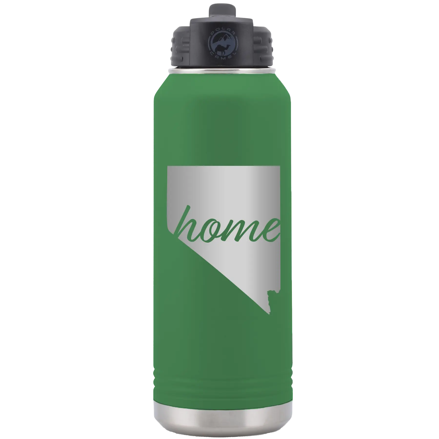 Laser etched green 32 oz vacuum insulated water bottle with 'Nevada Home' design