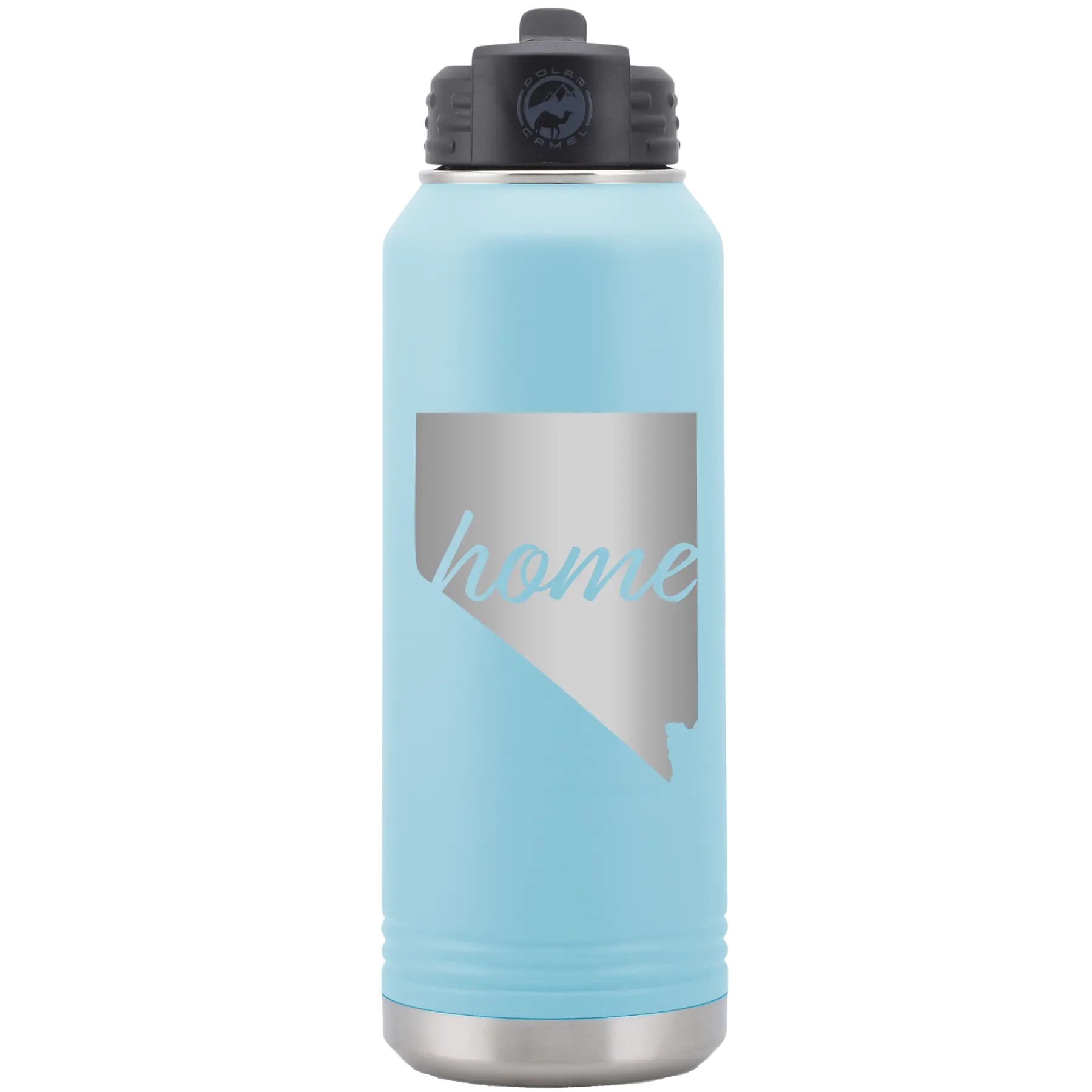 Laser etched light blue 32 oz vacuum insulated water bottle with 'Nevada Home' design