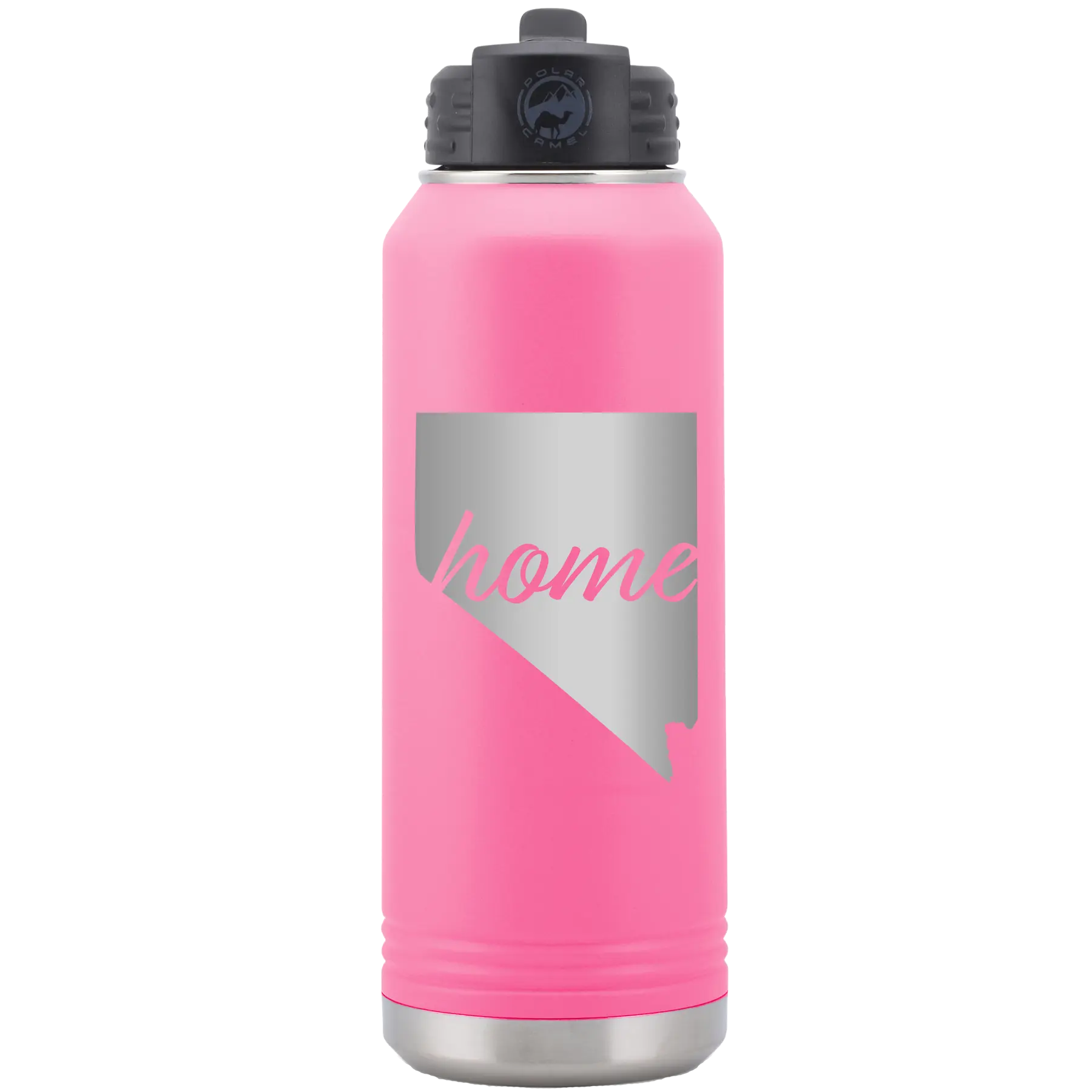 Laser etched pink 32 oz vacuum insulated water bottle with 'Nevada Home' design