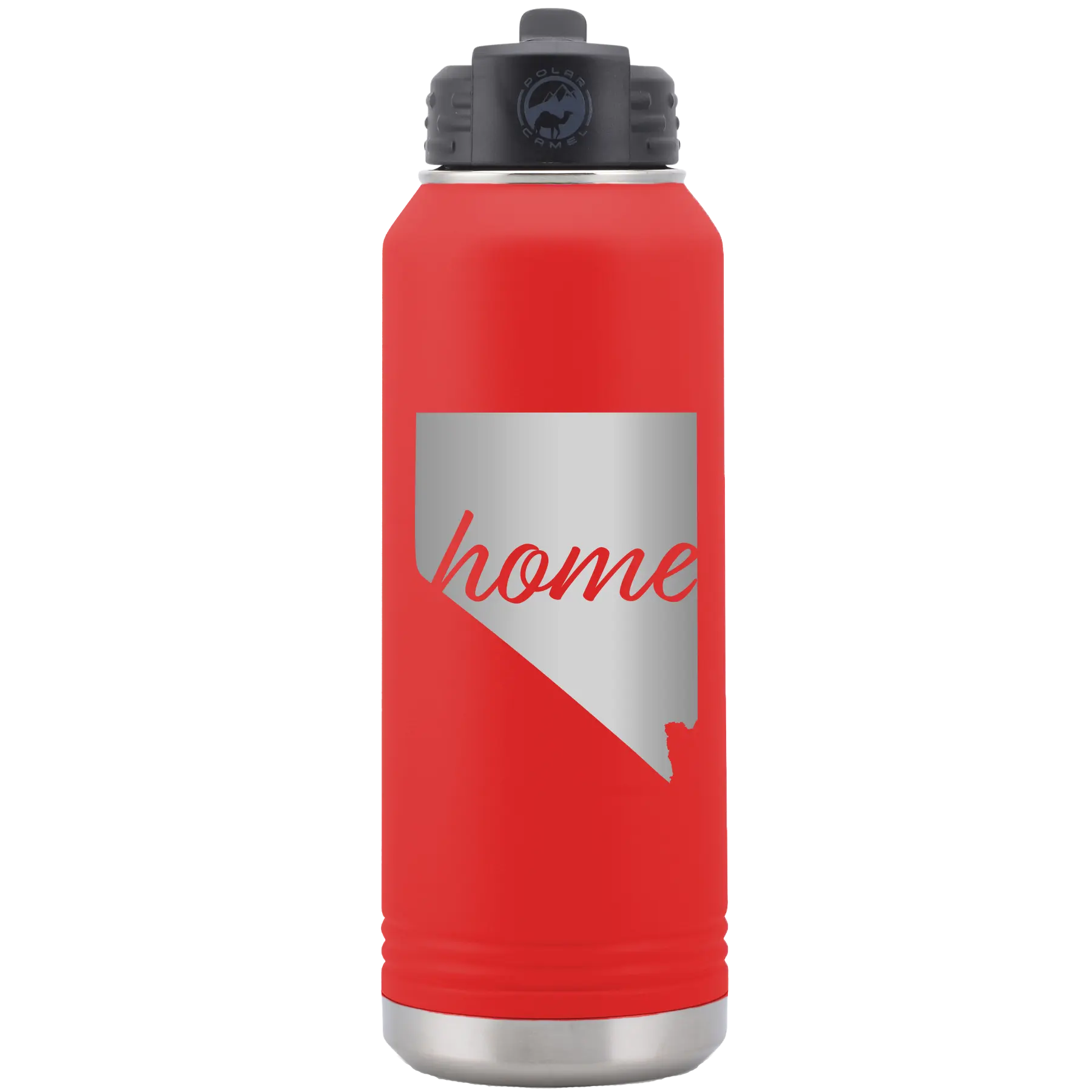 Laser etched red 32 oz vacuum insulated water bottle with 'Nevada Home' design