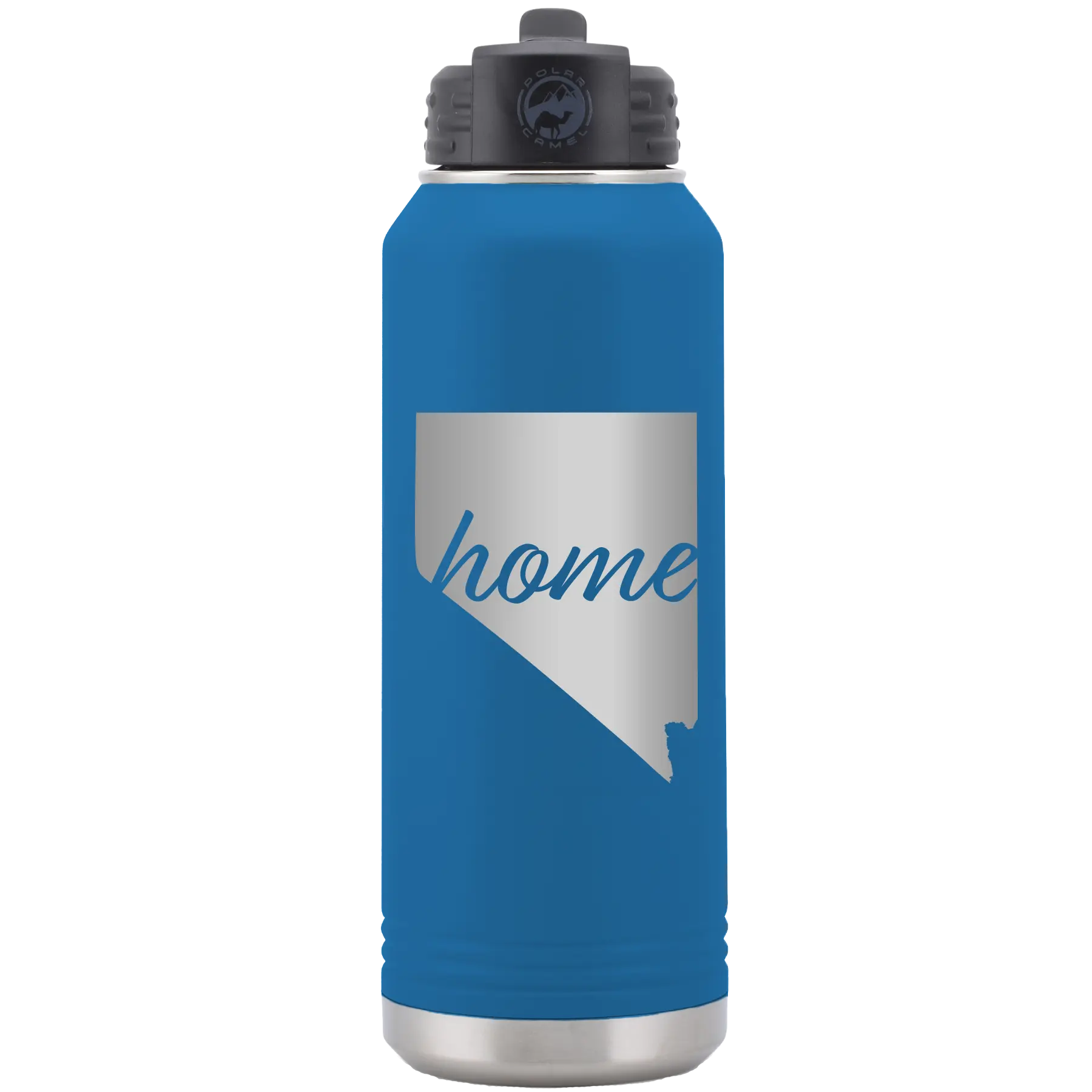 Laser etched royal blue 32 oz vacuum insulated water bottle with 'Nevada Home' design