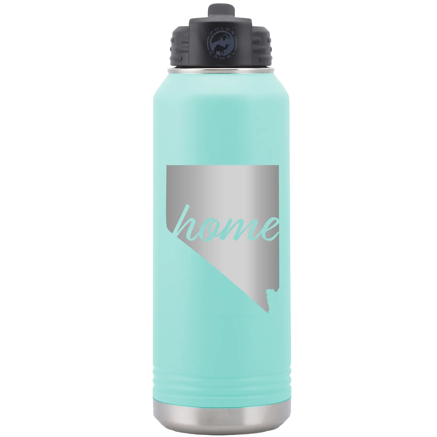 Laser etched teal 32 oz vacuum insulated water bottle with 'Nevada Home' design