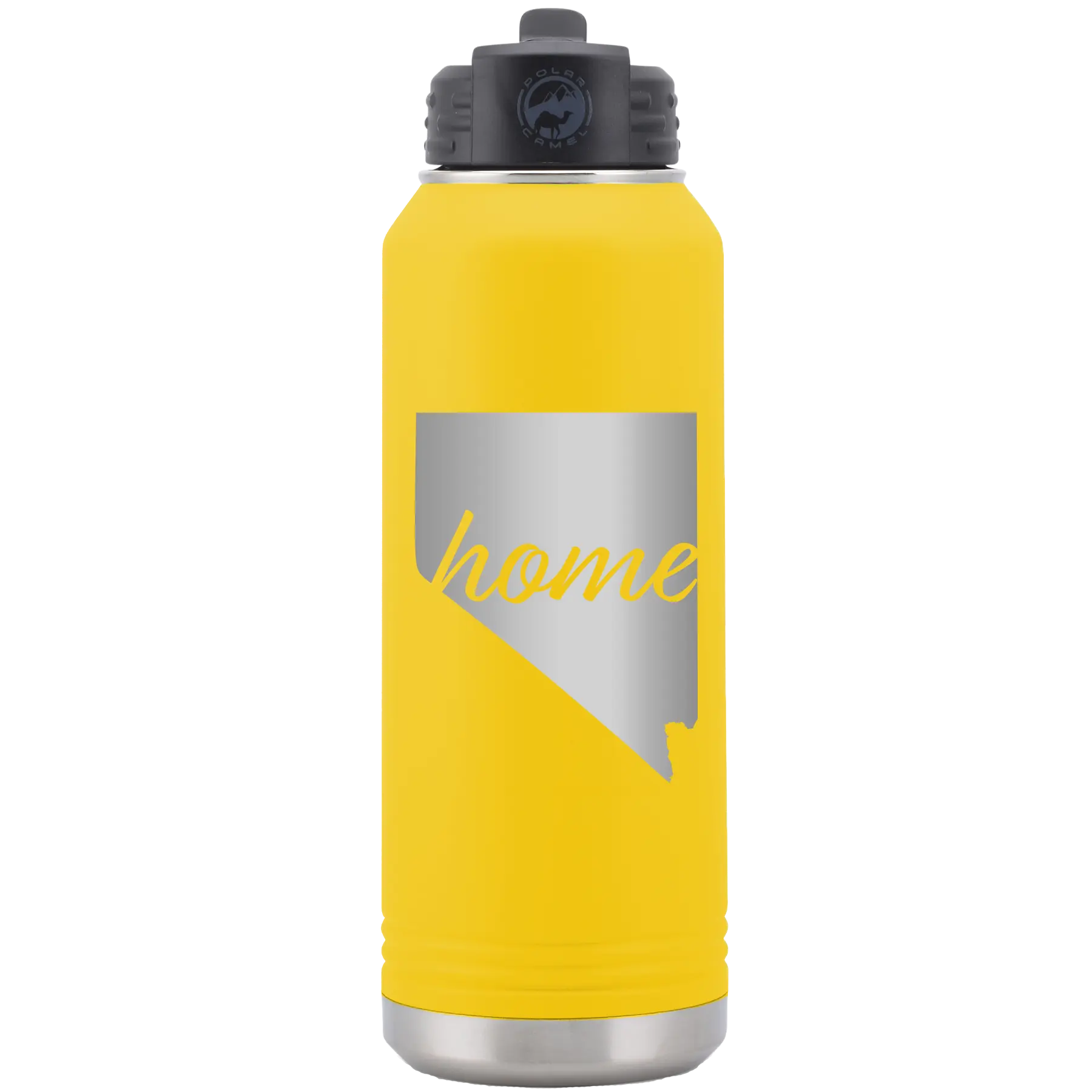 Laser etched yellow 32 oz vacuum insulated water bottle with 'Nevada Home' design