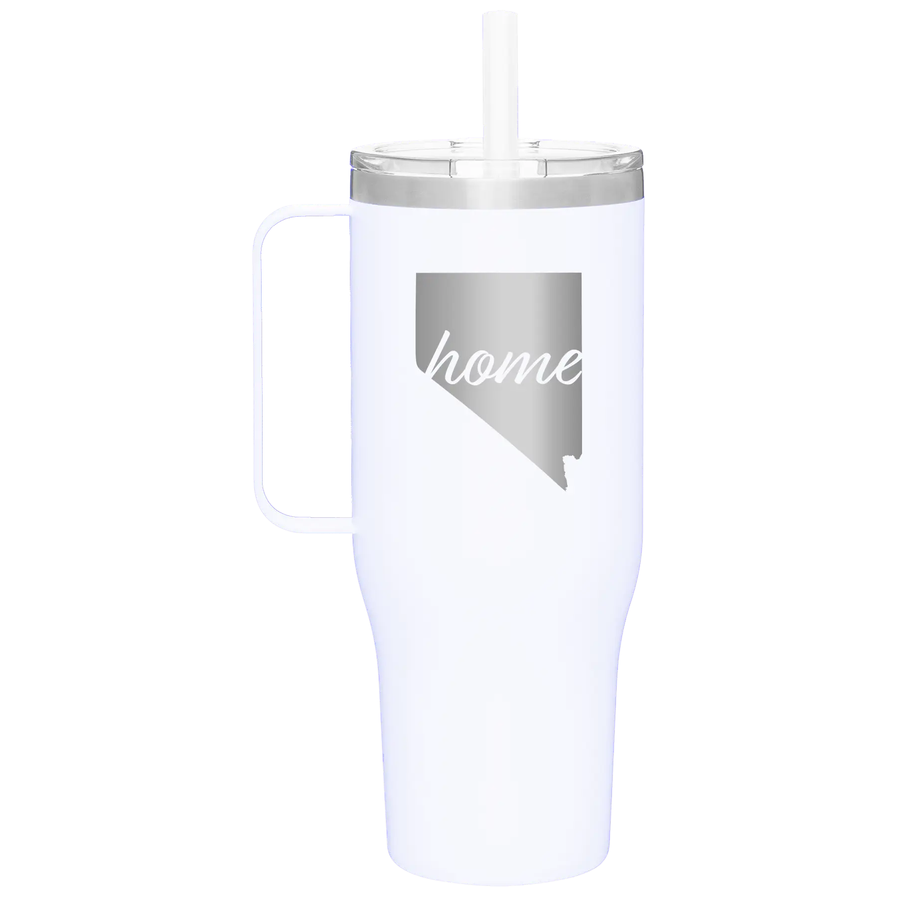 Laser etched white 40 oz vacuum insulated tumbler mug with 'Nevada Home' design