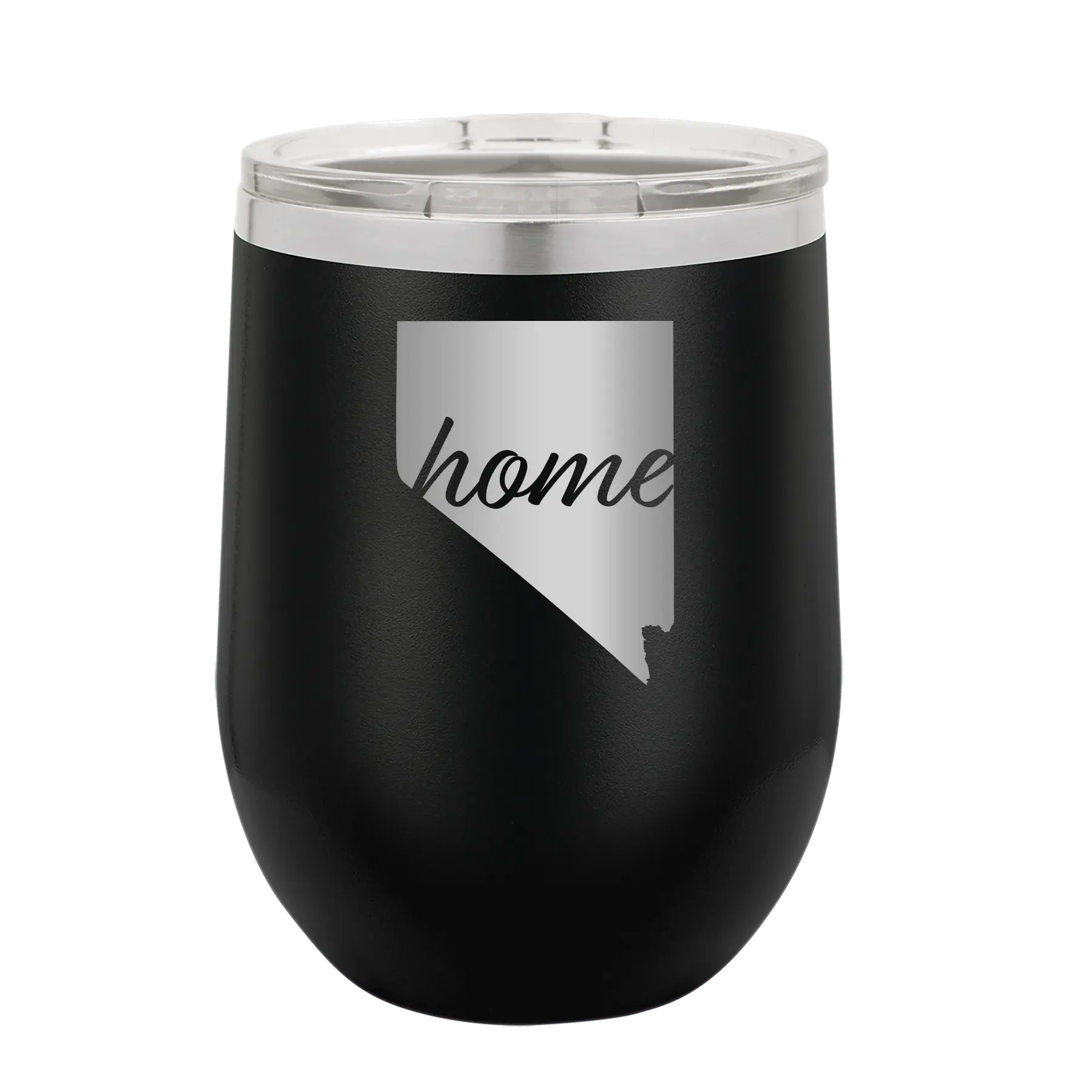Laser etched black 12 oz vacuum insulated wine cup with 'Nevada Home' design