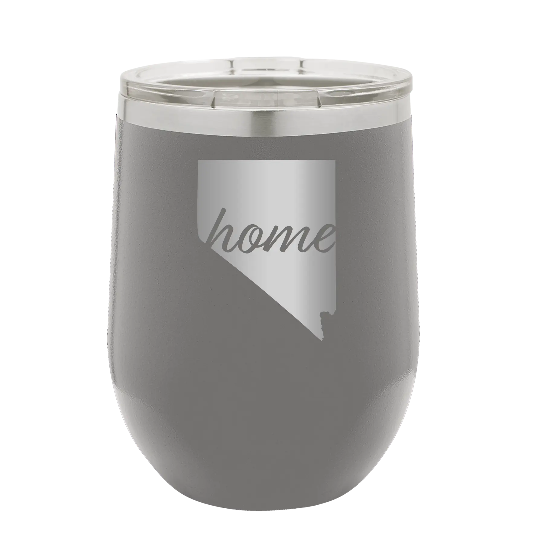 Laser etched dark gray 12 oz vacuum insulated wine cup with 'Nevada Home' design