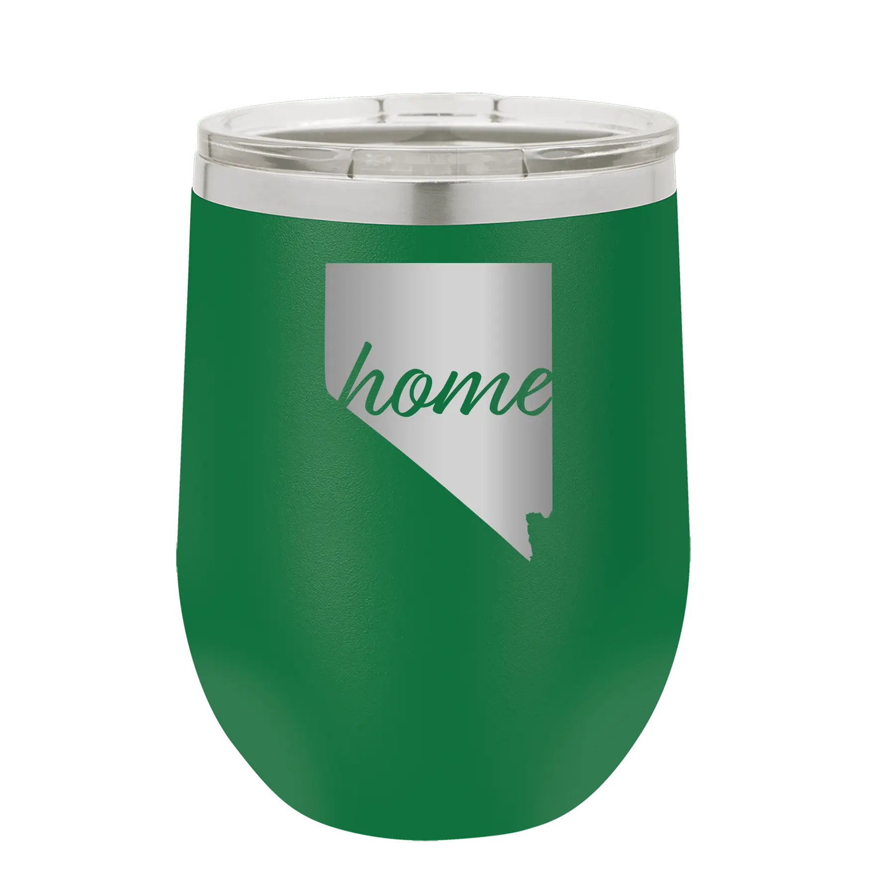 Laser etched green 12 oz vacuum insulated wine cup with 'Nevada Home' design