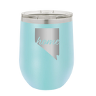 Laser etched light blue 12 oz vacuum insulated wine cup with 'Nevada Home' design