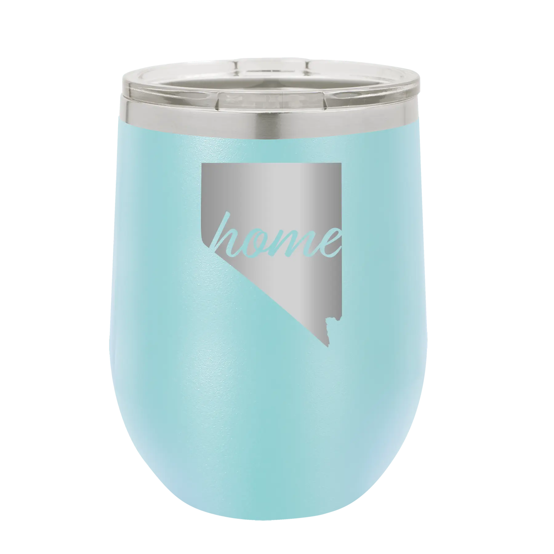 Laser etched light blue 12 oz vacuum insulated wine cup with 'Nevada Home' design