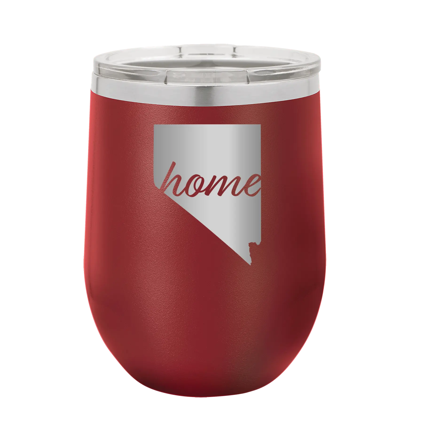 Laser etched maroon 12 oz vacuum insulated wine cup with 'Nevada Home' design