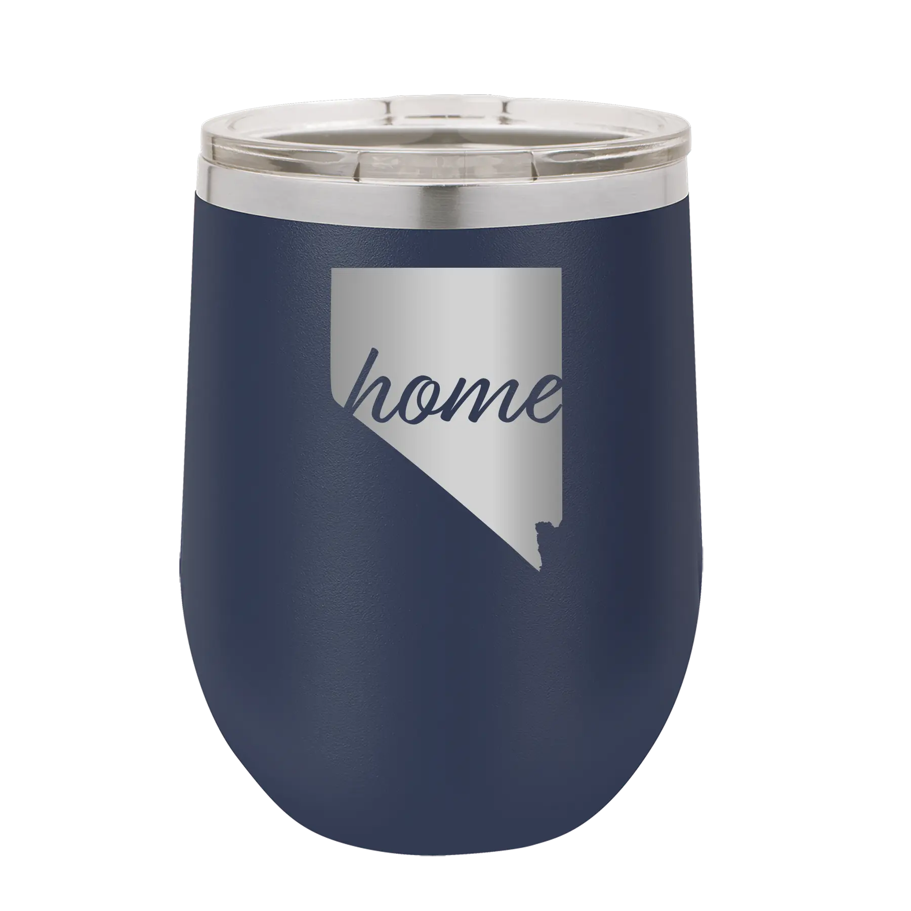 Laser etched navy 12 oz vacuum insulated wine cup with 'Nevada Home' design