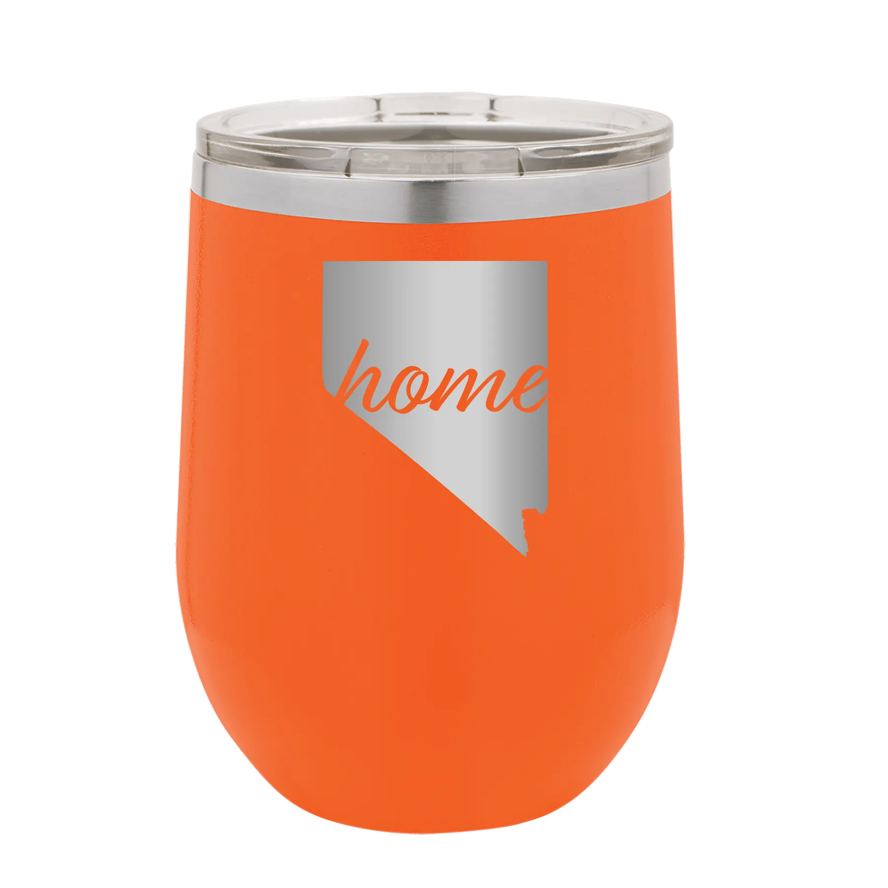 Laser etched orange 12 oz vacuum insulated wine cup with 'Nevada Home' design