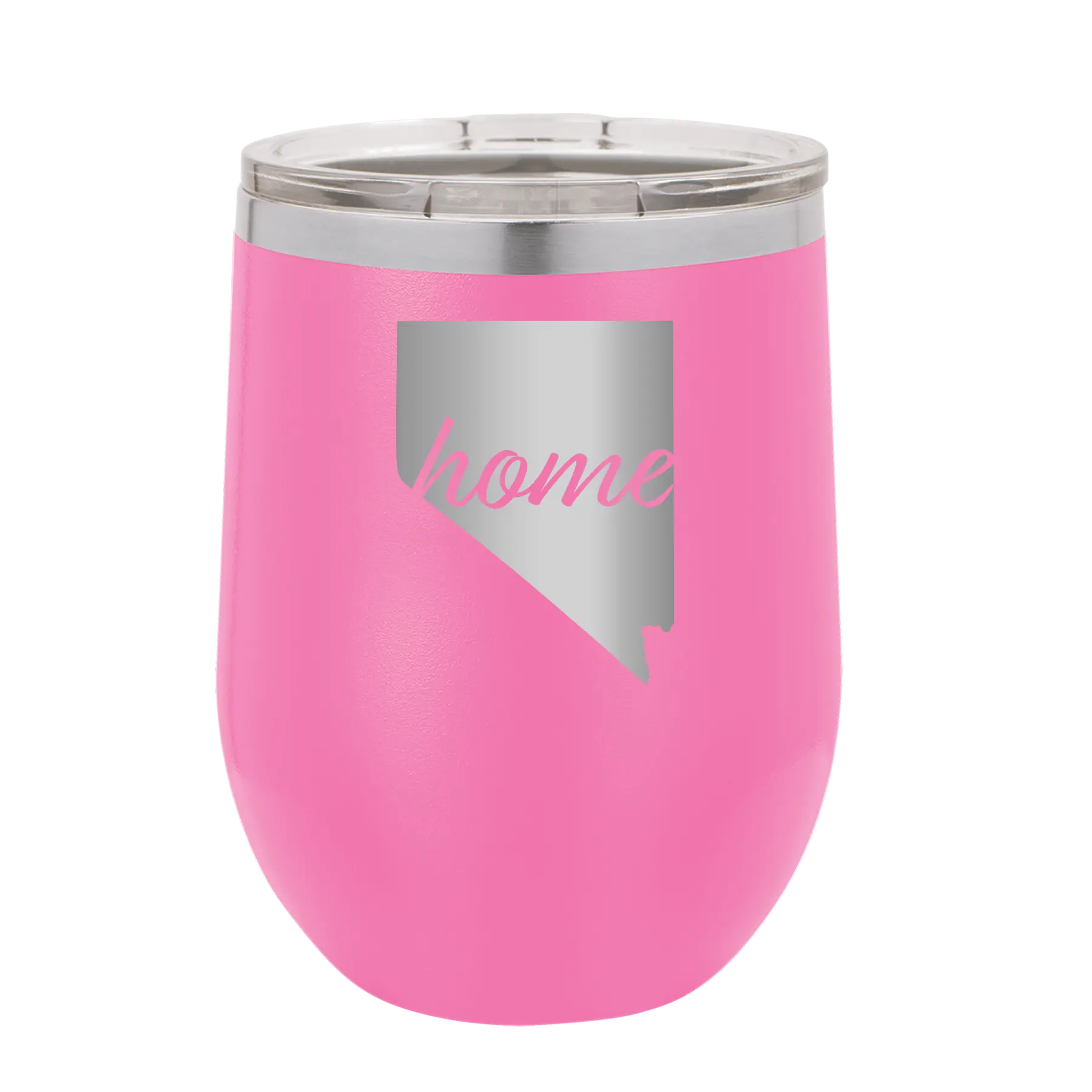 Laser etched pink 12 oz vacuum insulated wine cup with 'Nevada Home' design