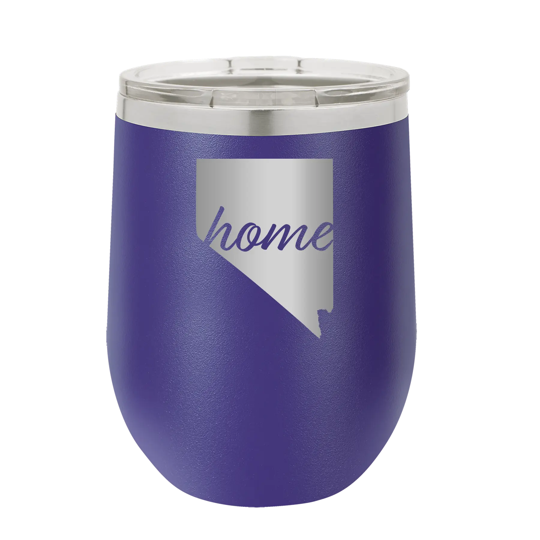 Laser etched purple 12 oz vacuum insulated wine cup with 'Nevada Home' design