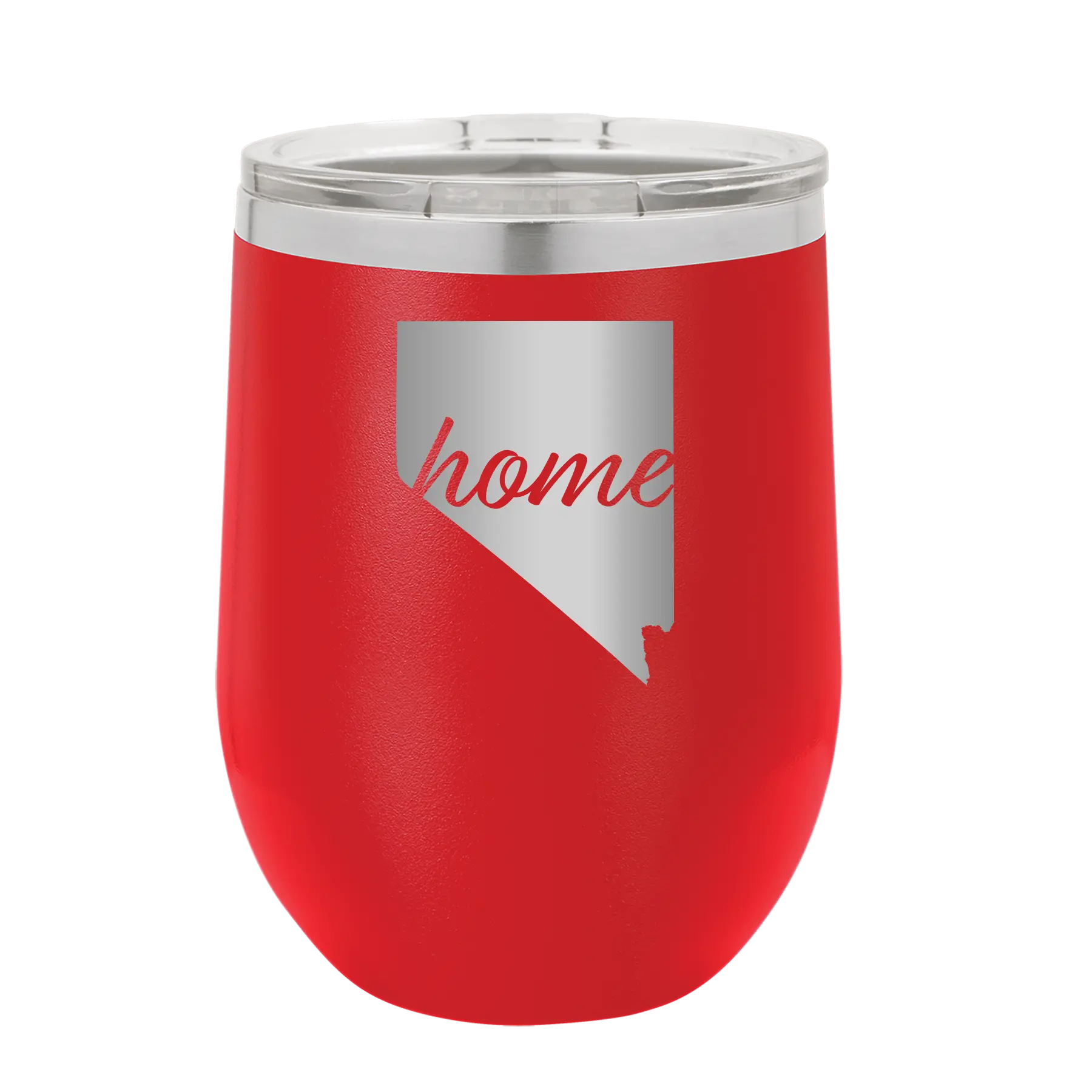 Laser etched red 12 oz vacuum insulated wine cup with 'Nevada Home' design