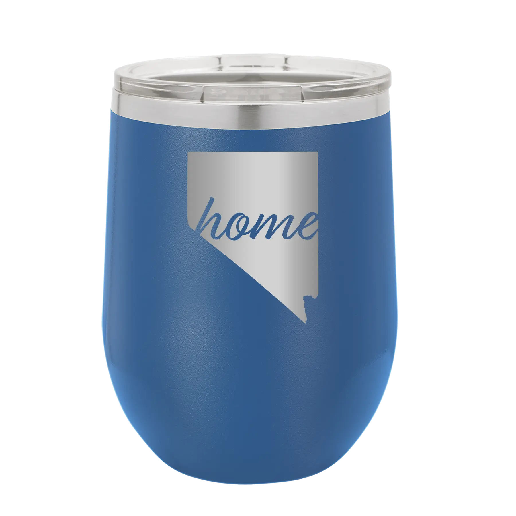 Laser etched royal blue 12 oz vacuum insulated wine cup with 'Nevada Home' design